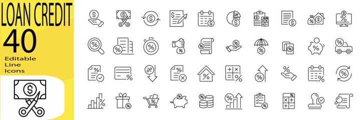 Loan Credit icon set. Editable stroke.