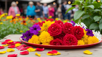 Vibrant flowers arranged in red plate on wooden table