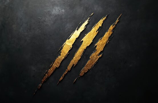 Gold claw marks on black textured background. Jagged lines of shiny metal appear scratched across dark surface. Concept of power danger or luxury.
