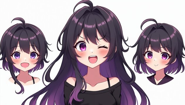 Anime style girl avatar for streaming. Features varied expressions like happy and winking faces. Perfect for VTubers and online gaming communities. Use for emotes or profile pictures.