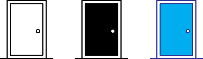 Minimal door icon set in outline, solid and flat styles. Clean modern vector design isolated on white background, ideal for UI, web, app, signage and presentation use.