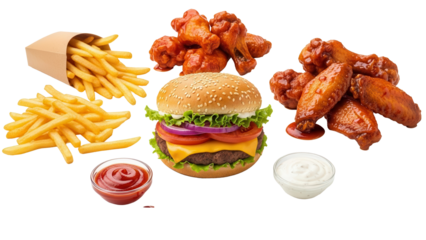Dynamic composition of a fast food feast with burgers fries and chicken wings isolated on white background