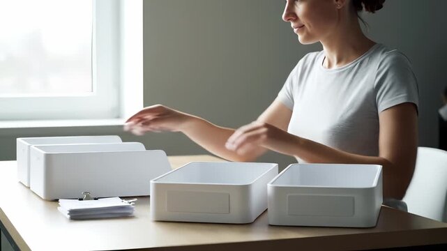 Woman organizing documents on a wooden table, placing papers into white storage boxes, showcasing a methodical approach to decluttering and enhancing workspace efficiency