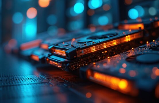 Closeup shot of stackable computer storage devices with glowing orange LEDs. Modern tech hardware creates vibrant digital circuit board backdrop. Data center equipment signifies network