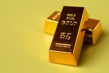 Stack of gold bars on yellow background