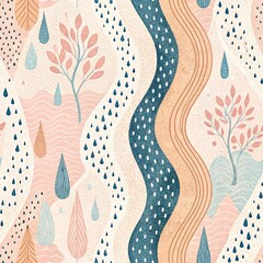 Abstract seamless pattern depicting soft colors falling rain stylized trees and winding river shapes