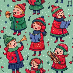 Cheerful children singing carols and playing brass instruments during snowy winter season