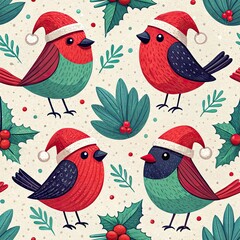 Four cheerful cartoon birds wearing Santa hats scattered among festive holly and evergreen foliage