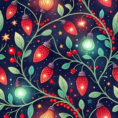 Night sky pattern with glowing string lights green leaves and bright red berries