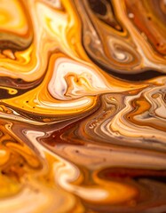 Abstract close-up of swirling golden and brown liquid creating an intricate marbled pattern.