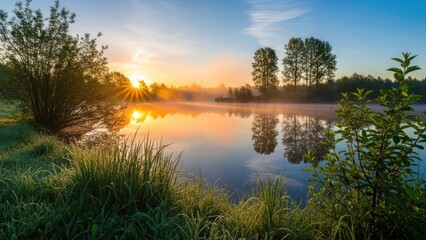 Obraz premium Tranquil lake scene with golden sunlight and trees