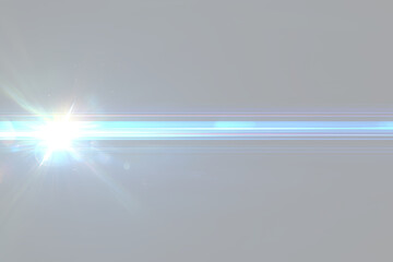 Cinematic blue lens flare featuring a strong anamorphic light streak and subtle bokeh effects for professional overlays.