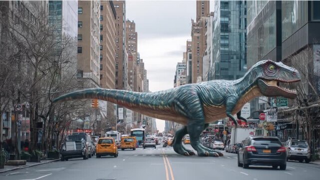 A towering dinosaur walks down a bustling city street as halted cars, and tall skyscrapers loom