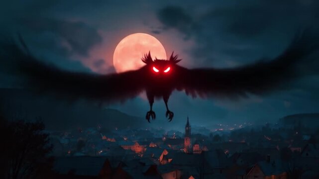 Moonlit nightmare a winged demon with red eyes glides over a town beneath a crimson moon in gloom!!