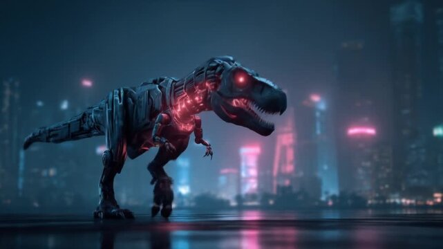 A neon-lit cybernetic dinosaur prowls a rain-soaked city street beneath glowing skyscrapers. At dusk