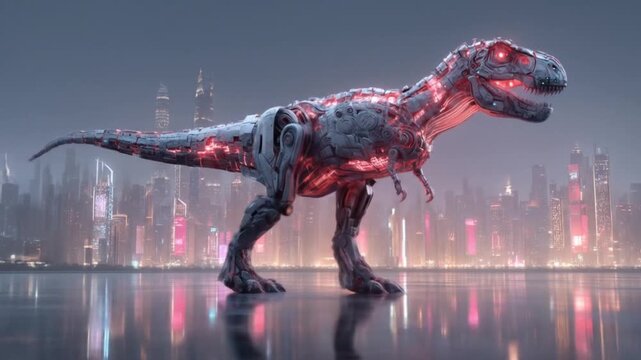 A cybernetic tyrannosaur strides through a neonlit city, chrome plates reflecting rainwater at dusk