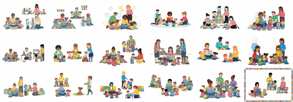 Diverse Children and Teachers Engaging in Early Education Activities, Including Reading Books and Playing with Alphabet Building Blocks.