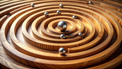 Wooden circular maze featuring concentric paths and small metallic balls positioned within its grooves. The puzzle design evokes strategy, patience, and problem-solving. Complexity, decision-making.