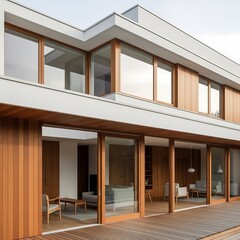 Serene modern dwelling featuring expansive windows and wooden finishes