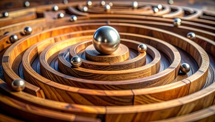 Wooden circular maze featuring concentric paths and small metallic balls positioned within its grooves. The puzzle design evokes strategy, patience, and problem-solving. Complexity, decision-making.
