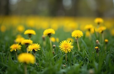 Fototapeta premium Yellow dandelions grow in a green meadow. Closeup of vibrant spring flowers on grass. Nature scene shows wildflowers blooming under soft sunlight. Many plants appear in background.