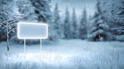 Festive yard sign mockup glowing slightly with background of soft snowy forest
