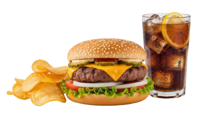 Classic cheeseburger set with potato chips and a cold carbonated drink beverage isolated on white background