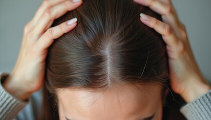 Brunette woman touches scalp showing thinning hair density. Female worries about hair loss issue. Person examines hair growth on head, concept of alopecia or aging.