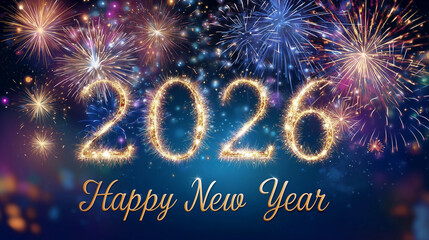 Happy New Year 2026 with Luxury Gold Numbers and Fireworks Background