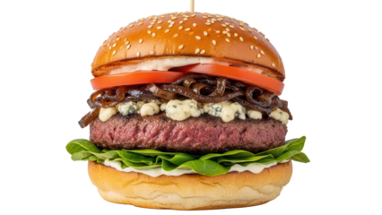 Gourmet beef burger with caramelized onions and blue cheese for restaurant menu isolated on white background