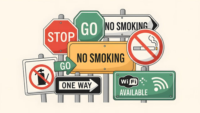 Signage Symphony: A cluster of road signs communicates essential directives, highlighting safety, guidance, and pertinent information.