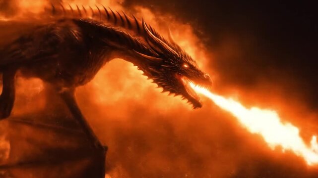 Silhouetted dragon perches on a jagged cliff, belching a furious orange flame into smoky skies afar