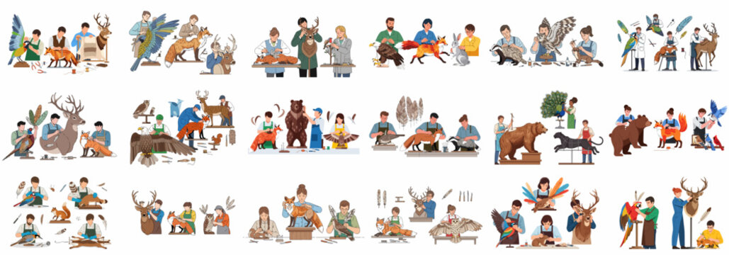 Large set of vector illustrations depicting professional taxidermists preserving animals, including birds, deer, foxes, and bears, using specialized tools and techniques.