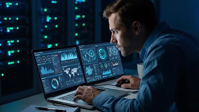IT Professional Analyzing Big Data in Server Room Cybersecurity  Network Management.