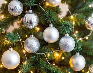 Fototapeta premium Close-up of a decorated evergreen tree with silver ornaments and lights