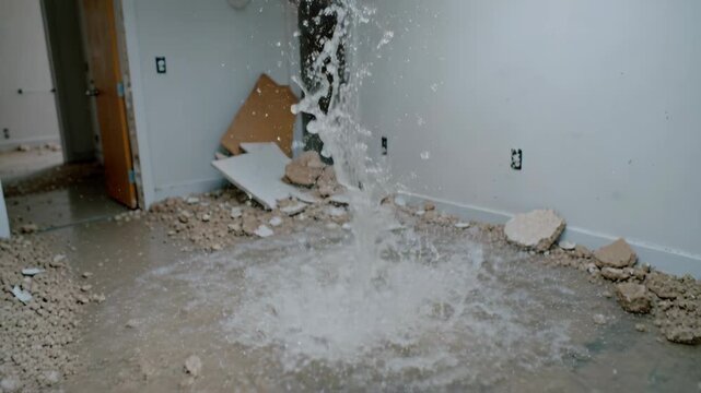 Intense water gushes from a burst ceiling, causing major flooding, damage, and debris scatter in an abandoned interior space.