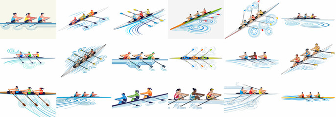 Vector Illustration Set of Competitive Rowing Teams, Sculling and Sweeping in Dynamic Water Waves, Showcasing Teamwork and Water Sport Action. © Nurdayatt