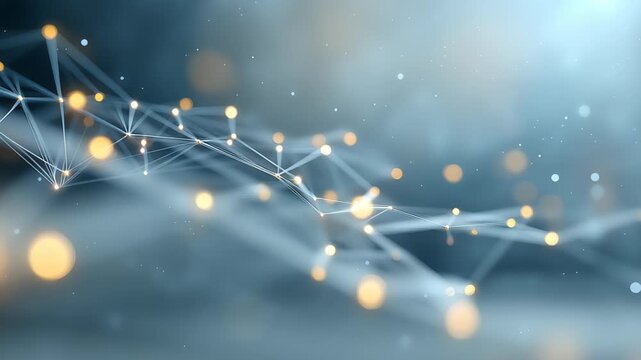 Modern smooth features animated technology and science based shapes, connected white lines and blurry and glowy flickering dots copy space background 