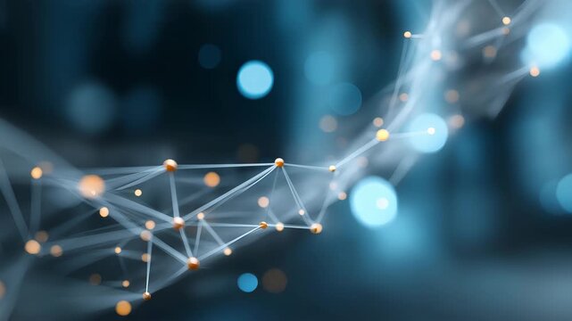 Modern smooth features animated technology and science based shapes, connected white lines and blurry and glowy flickering dots copy space background 