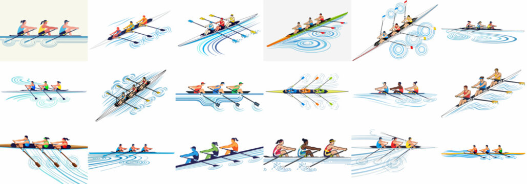 Vector Illustration Set of Competitive Rowing Teams, Sculling and Sweeping in Dynamic Water Waves, Showcasing Teamwork and Water Sport Action.