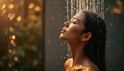 Woman stands under warm shower. Water streams over her face and body. She closes her eyes, relaxing. Sunbeams highlight wet skin. Modern bathroom interior visible.