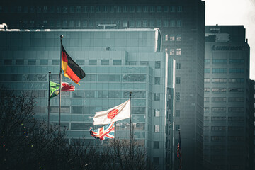 冬のビル前国旗群