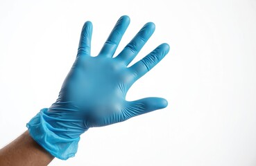 Hand wearing blue medical glove, open palm gesture. Isolated on white background for health safety or medical procedure concepts. Clear protection for healthcare workers.