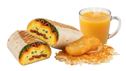Breakfast wrap combo with hash brown and a cup of hot orange juice isolated on white background