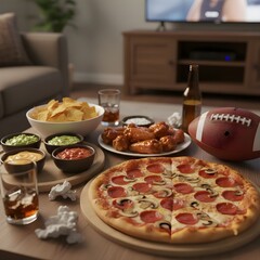 Pizza and Snacks on Table for Football Night at Home.