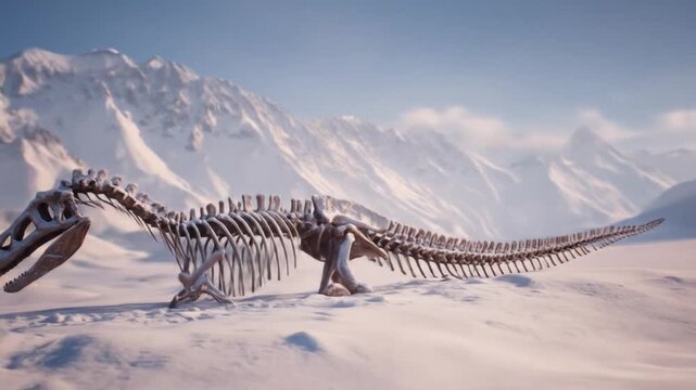 Snowy alpine scene featuring a dinosaur skeleton upright on ice, with jagged crests in the distance