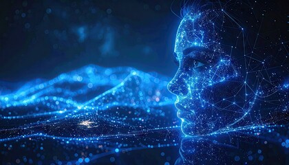 Digital consciousness of a futuristic human face emerges from a vast glowing blue network landscape with mountains in the background at night