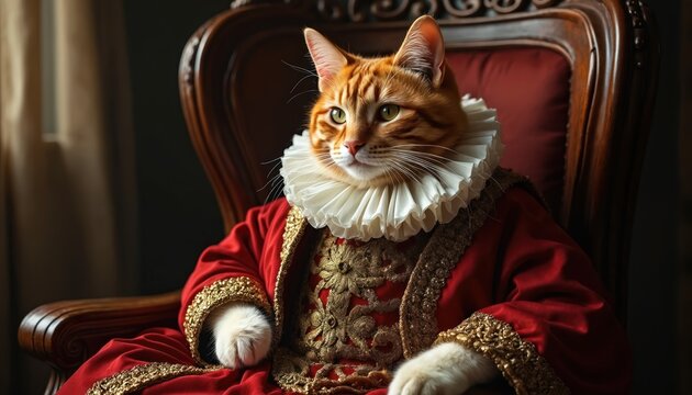 Ginger tabby cat wears historical lord costume with ruff collar and red ornate robe. Feline sits regally in antique wooden chair, looking off to side. Elegant pet pose indoors.