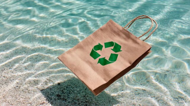 A brown paper bag with a green recycling symbol floats in clear blue water with pebbles on the bottom.