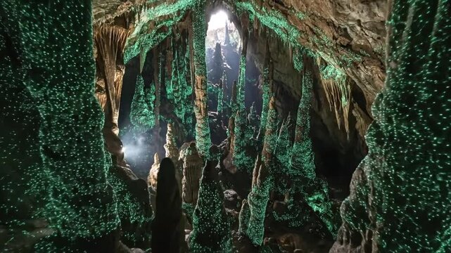 Mysterious Cave with Bioluminescent Glow Worms and Stalactites - Natural Wonder